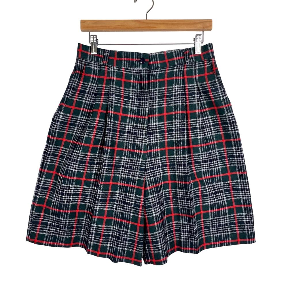 VTG High Waisted Pleated Front Tartan Plaid Green/Red Wide Leg Long Shorts 12